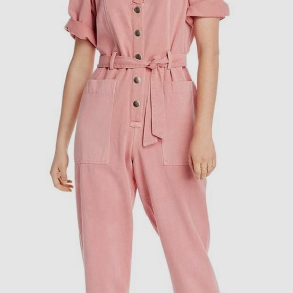 Lini Women's Pink Denim Ruffle V-Neck Short-Sleeve Belted Crop Jumpsuit M - Picture 2 of 6